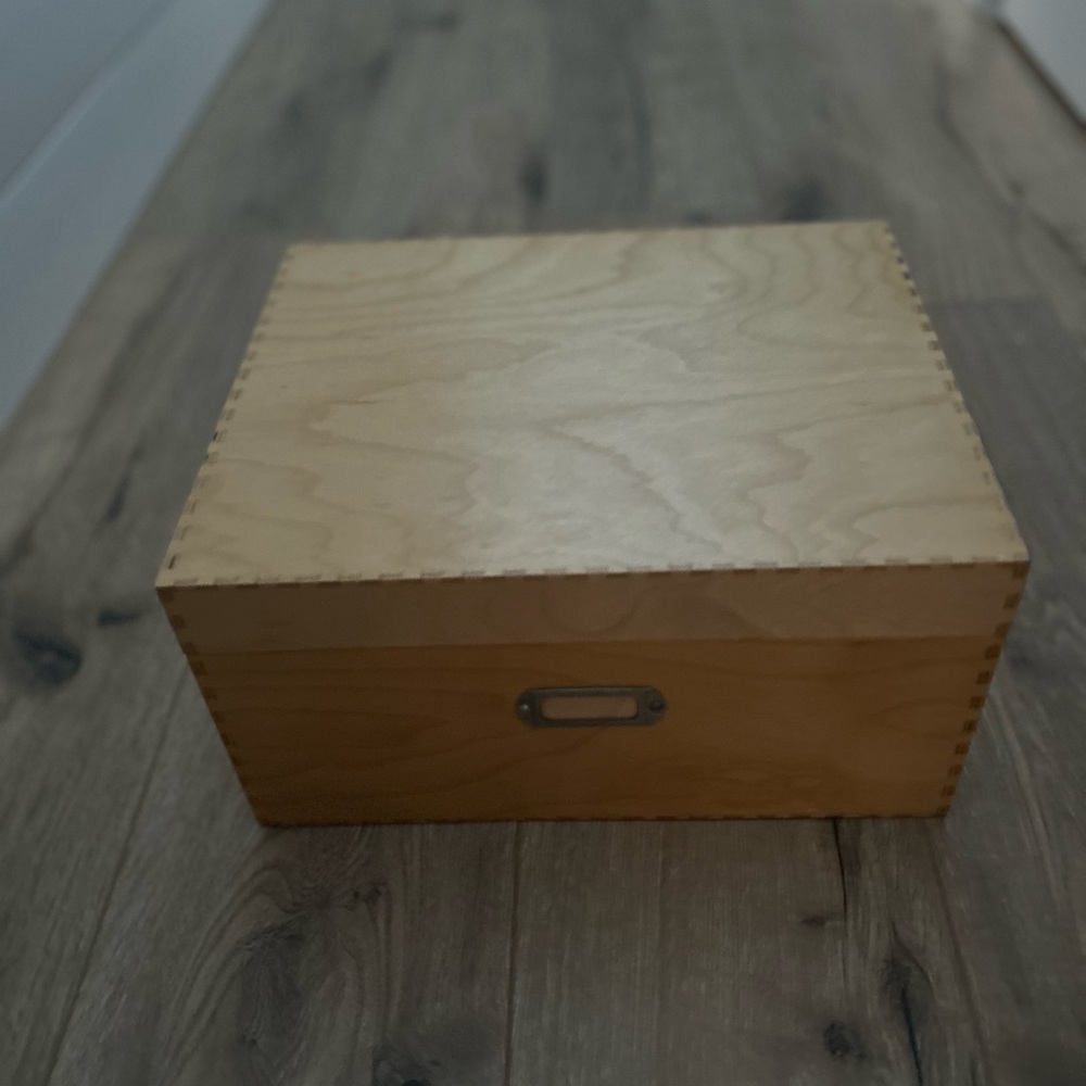 Wood storage boxes 
Large box is 10.5” x 13”
Small inside boxes are 6” x 10”